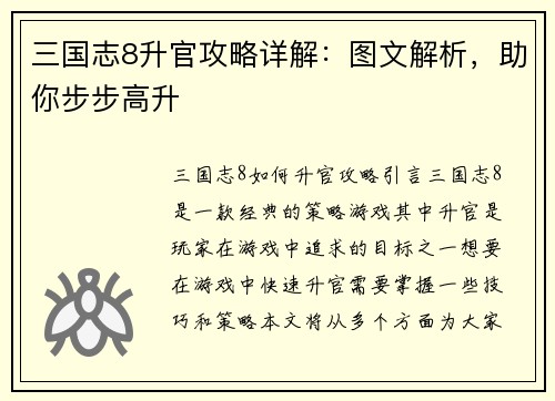 三国志8升官攻略详解：图文解析，助你步步高升