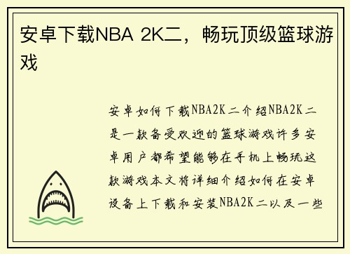 安卓下载NBA 2K二，畅玩顶级篮球游戏
