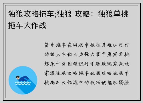 独狼攻略拖车;独狼 攻略：独狼单挑拖车大作战